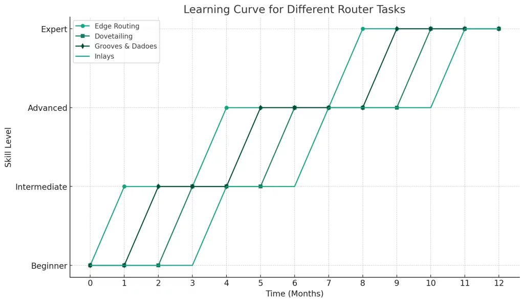 Here's a line chart that shows the learning curve for mastering different tasks with a wood router